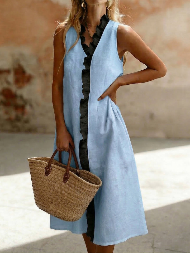 Elegant Artistic Color-blocked Ruffled Cotton Linen Midi Dress