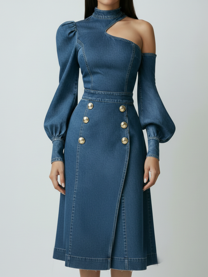 Elegant Sexy Off-the-shoulder Denim Midi Dress