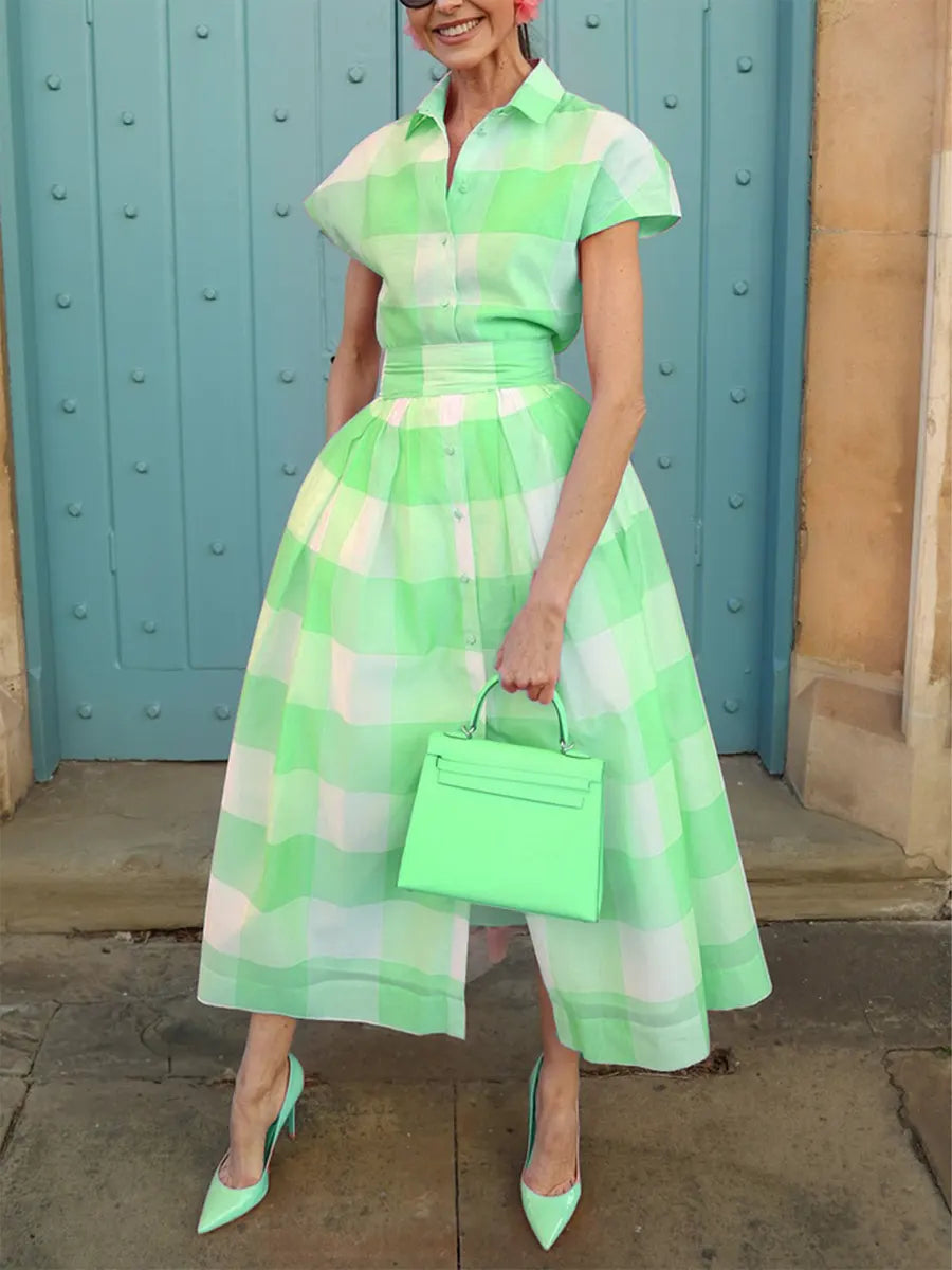 Women's Elegant Plaid Print Button Shirt Collar Midi Dress