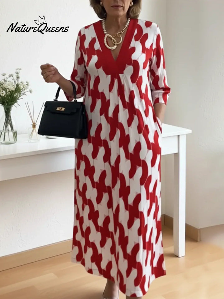 Elegant Art Print Color Block Trim V-neck Midi Dress
