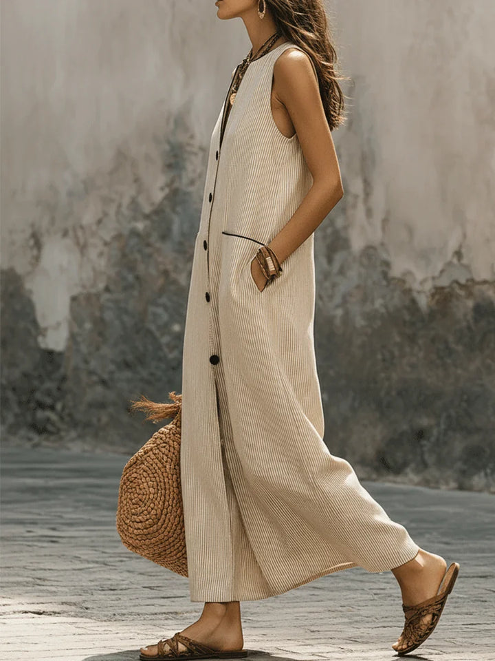 Women's Striped Art Casual Stylish Sleeveless Button Cotton Midi Dress