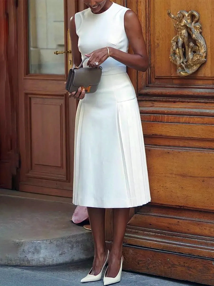Women's Elegant Crew Neck Sleeveless Stylish Midi Dress