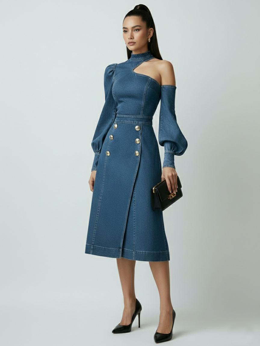 Elegant Sexy Off-the-shoulder Denim Midi Dress