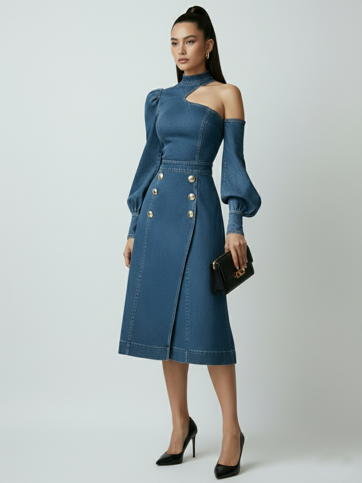 Elegant Sexy Off-the-shoulder Denim Midi Dress