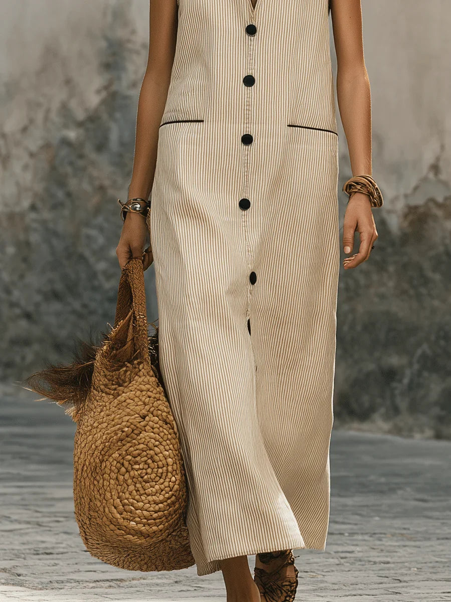 Women's Striped Art Casual Stylish Sleeveless Button Cotton Midi Dress