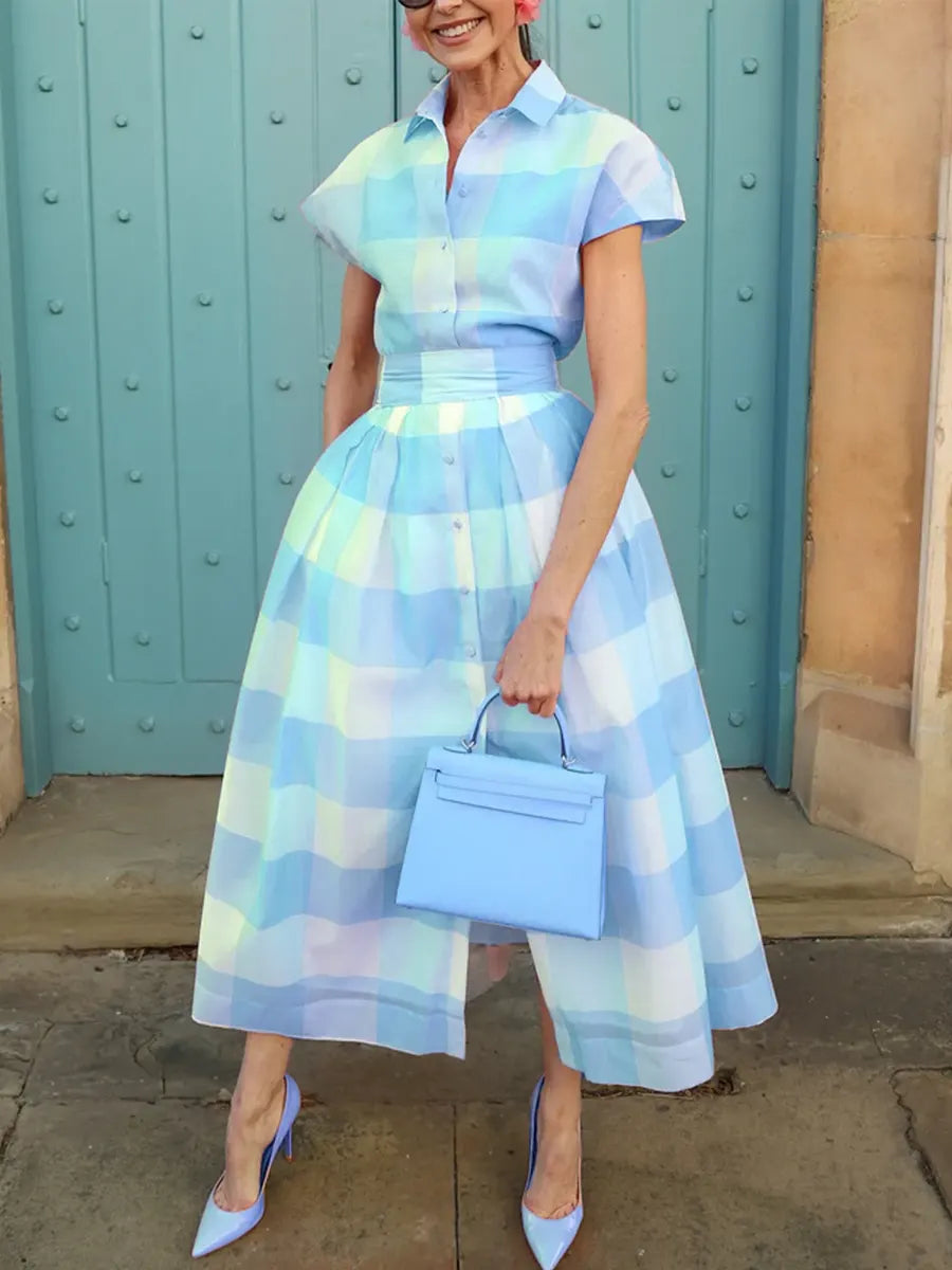 Women's Elegant Plaid Print Button Shirt Collar Midi Dress