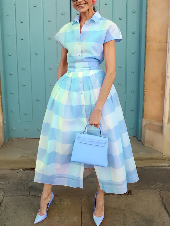 Women's Elegant Plaid Print Button Shirt Collar Midi Dress