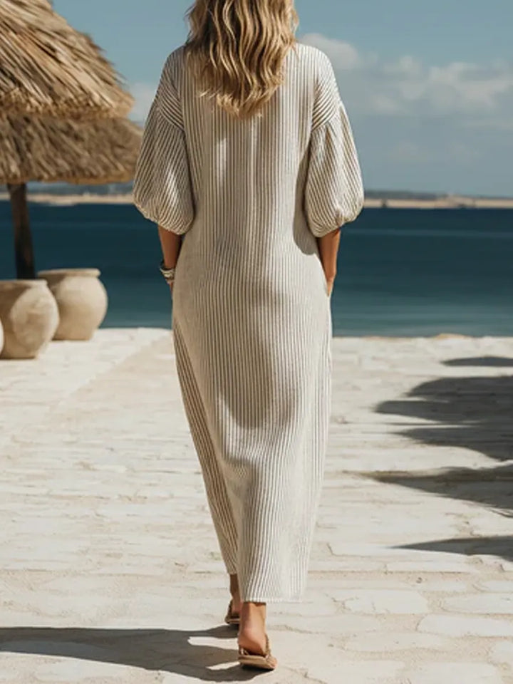 Casual Bohemian Striped Button Midi Dress