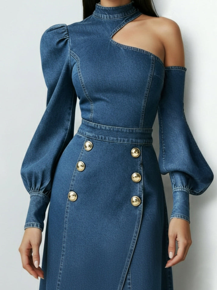 Elegant Sexy Off-the-shoulder Denim Midi Dress
