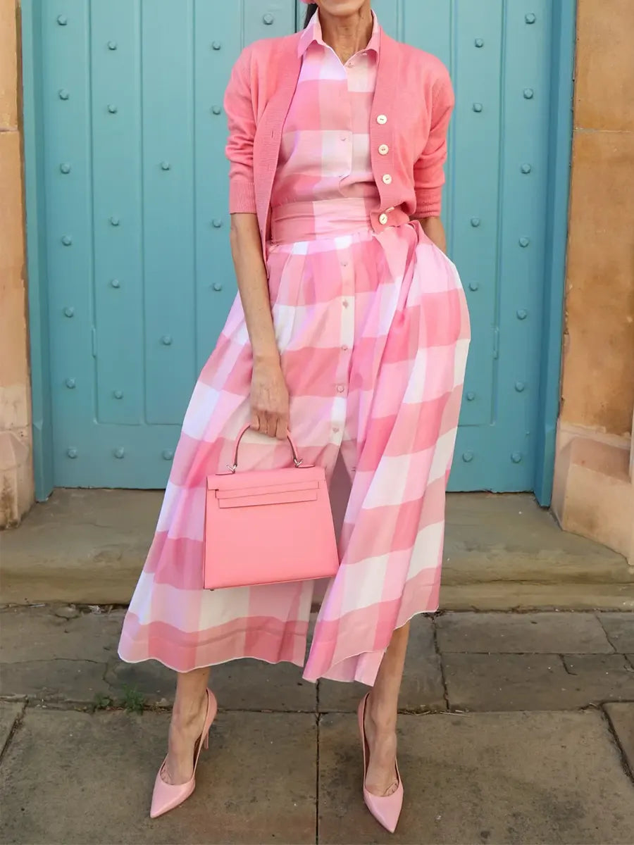 Women's Elegant Plaid Print Button Shirt Collar Midi Dress
