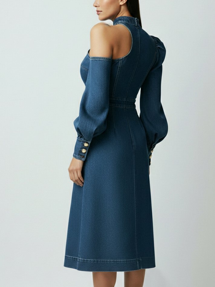 Elegant Sexy Off-the-shoulder Denim Midi Dress