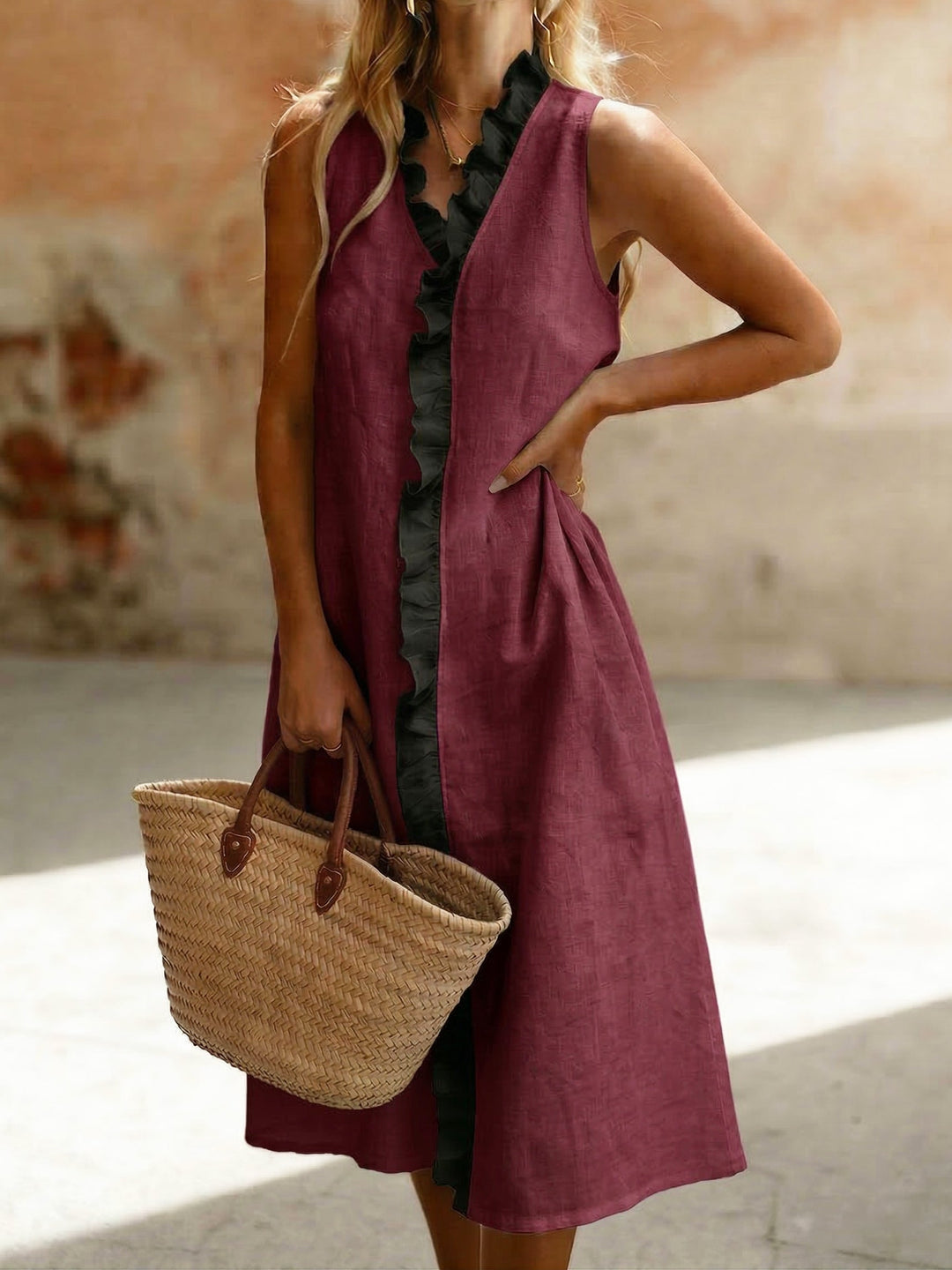 Elegant Artistic Color-blocked Ruffled Cotton Linen Midi Dress