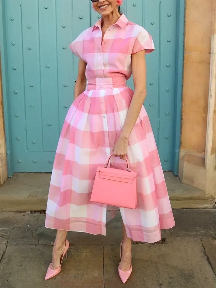 Women's Elegant Plaid Print Button Shirt Collar Midi Dress