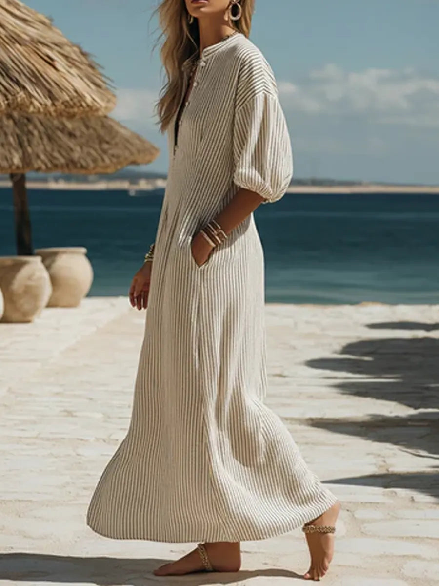 Casual Bohemian Striped Button Midi Dress