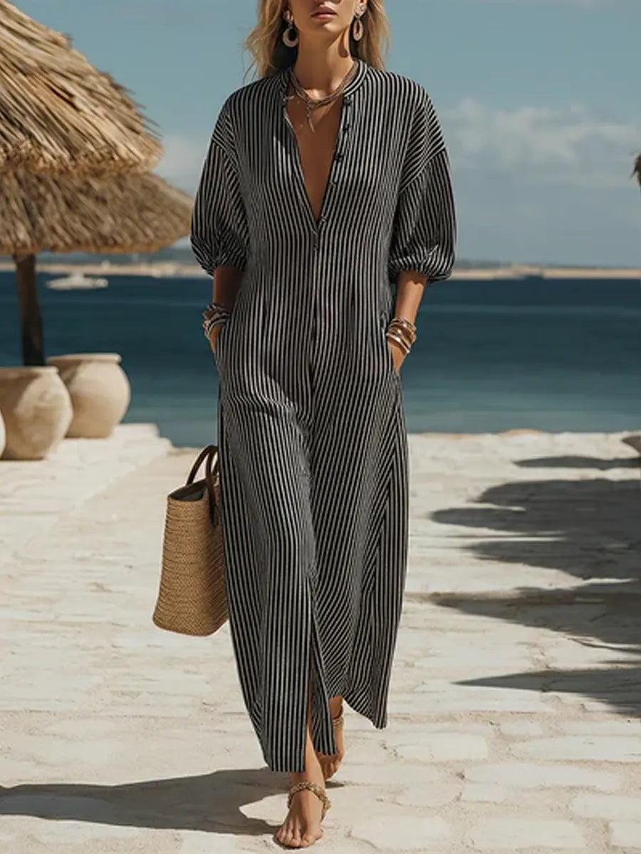 Casual Bohemian Striped Button Midi Dress