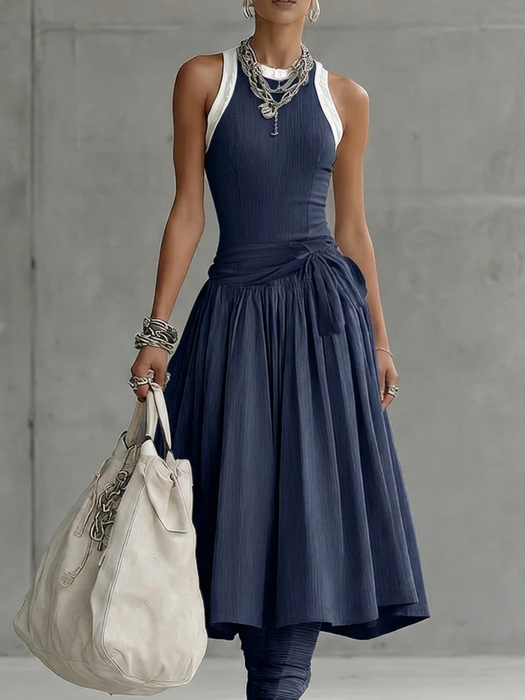 Stylish Casual Color-blocked Ribbed Stretch Midi Dress
