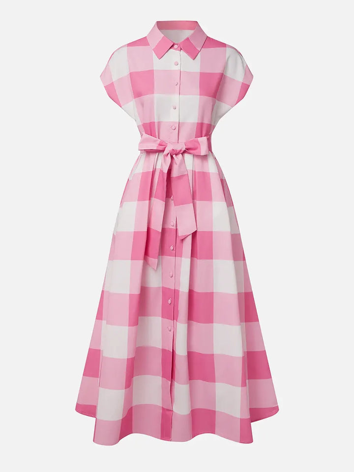 Women's Elegant Plaid Print Button Shirt Collar Midi Dress