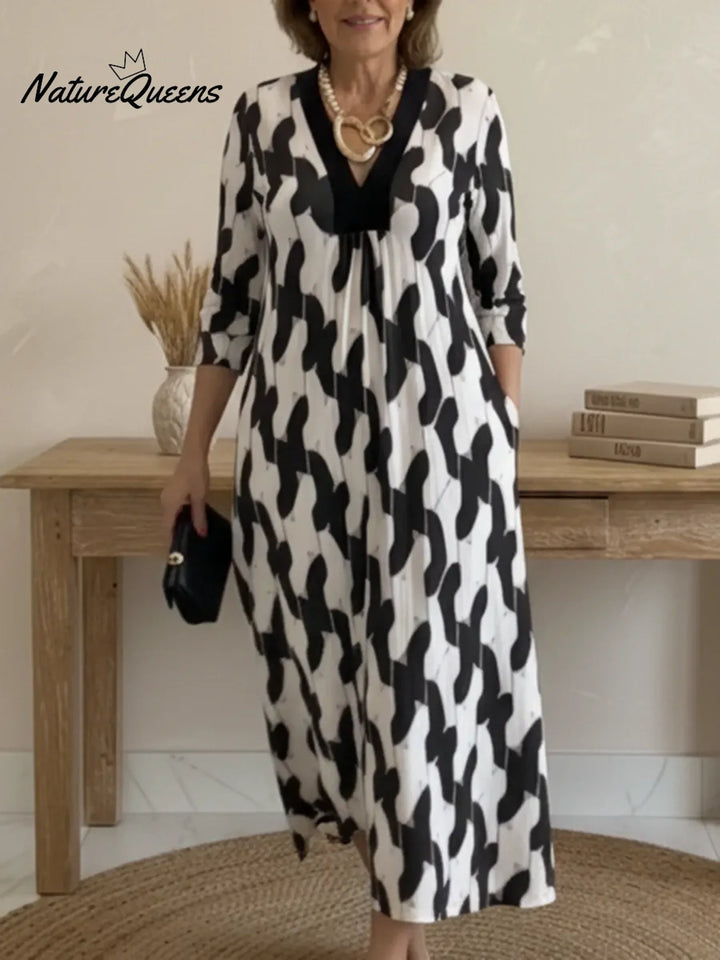 Elegant Art Print Color Block Trim V-neck Midi Dress
