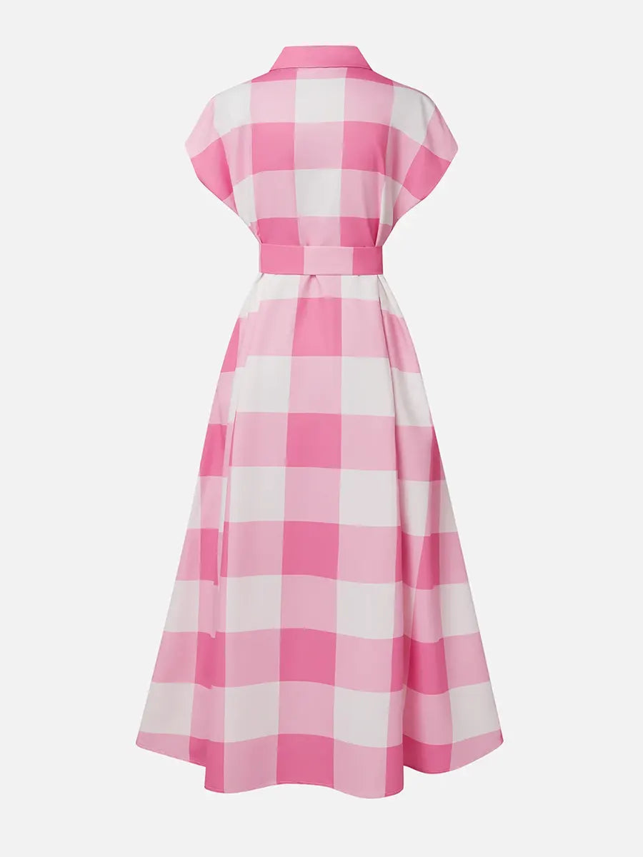 Women's Elegant Plaid Print Button Shirt Collar Midi Dress
