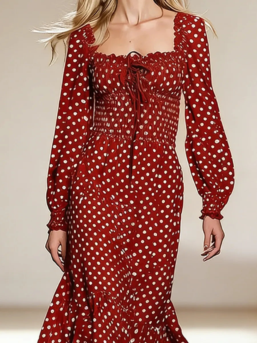 Women's Retro Polka Dot Pattern Art Print Casual Midi Dress
