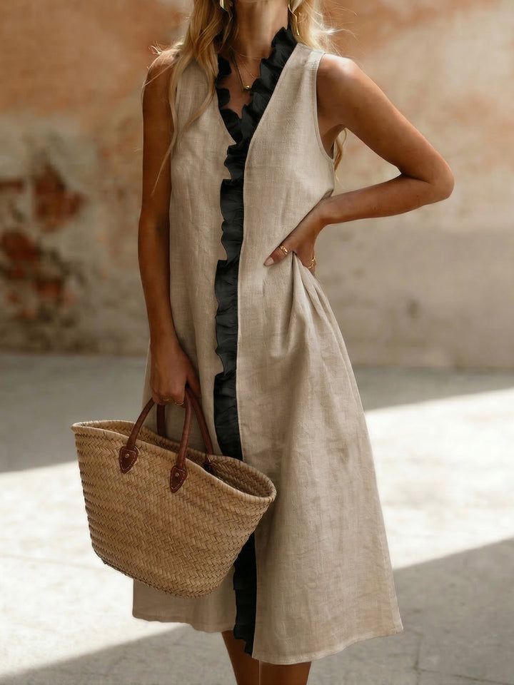 Elegant Artistic Color-blocked Ruffled Cotton Linen Midi Dress